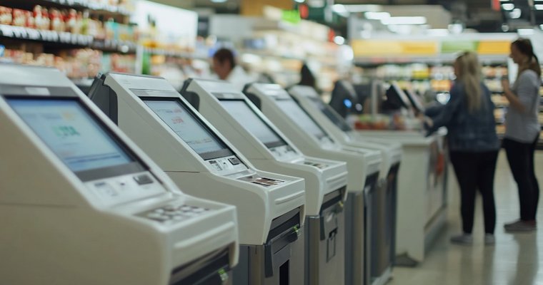 Row of self-checkout kiosks in a grocery store with shoppers in the background.