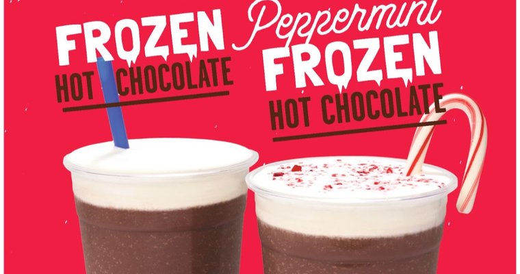 image shows two frozen hot chocolate drinks sold by Wetzel's Pretzels