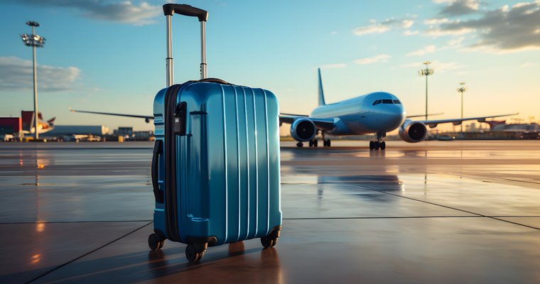 luggage on airport tarmac with plane in background