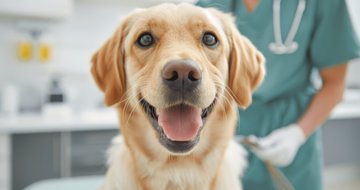 A happy golden retriever dog looking at the camera during a vet checkup.