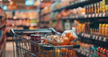 cart of food in supermarket aisle
