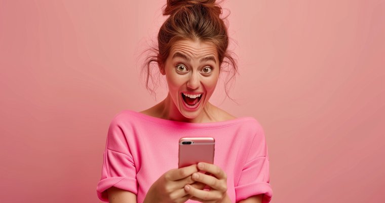 Woman holding smartphone with surprised look.