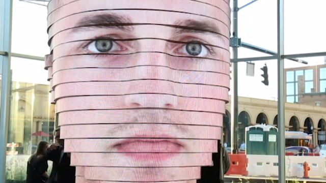 Head-shaped LED sculpture displays users' faces