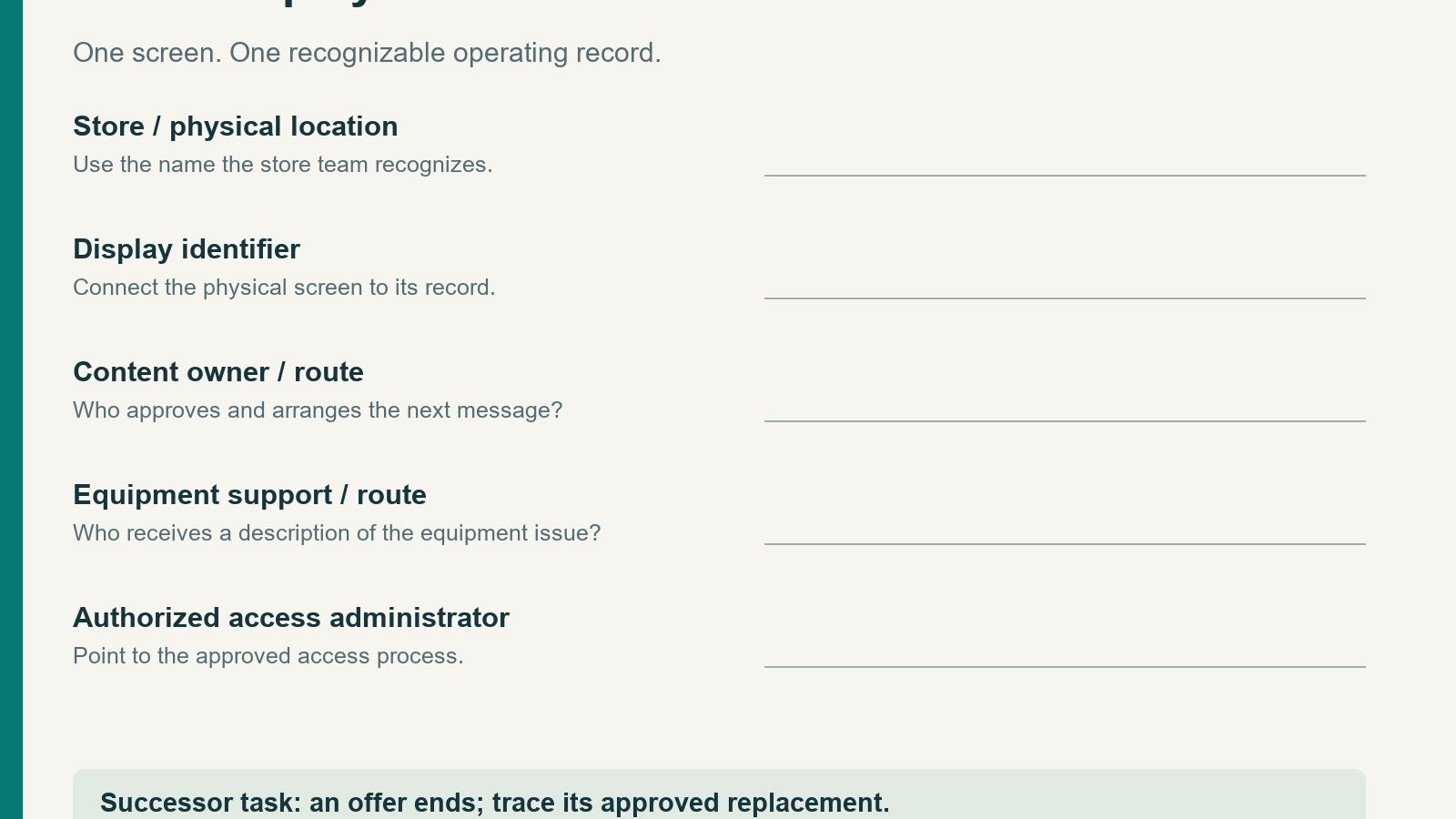 A retail handover card with screen identity, content owner, equipment support, access administrator and a successor task.